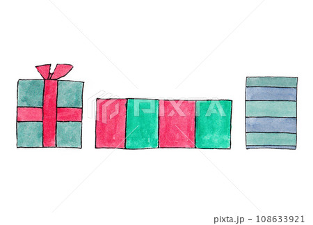 水性ペンと透明水彩絵の具で描いたクラシカルカラーのクリスマスプレゼントのイラストセット 108633921