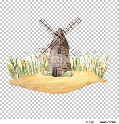Windmill vintage watercolor illustration isolated on white background. Rural making bread mill hand drawn. Painted milling plant. Landscape for design package bread, flour, grocery store, bakery Windmill vintage watercolor illustration isolated on white background. Rural making bread mill hand drawn. Painted milling plant. Landscape for design package bread, flour, grocery store, bakery 108634268