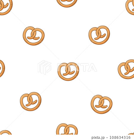 Seamless pattern wheat pretzel, cartoon doodle baking icon. Vector illustration background of snack. 108634316