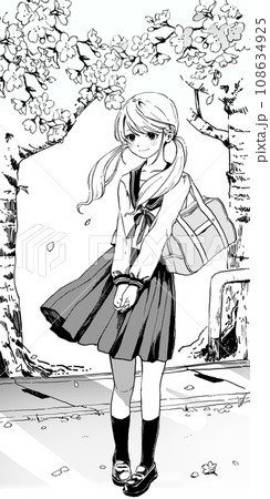 笑顔のセーラー服女子全身のモノクロイラスト背景あり版 108634925