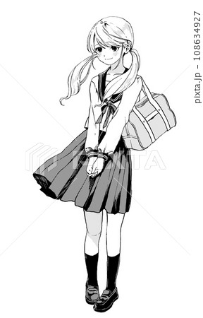 笑顔のセーラー服女子全身のモノクロイラスト背景なし版の 笑顔のセーラー服女子全身のモノクロイラスト背景なし版の