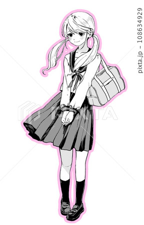 笑顔のセーラー服女子全身のモノクロイラストピンクの縁取りあり版 笑顔のセーラー服女子全身のモノクロイラストピンクの縁取りあり版 108634929