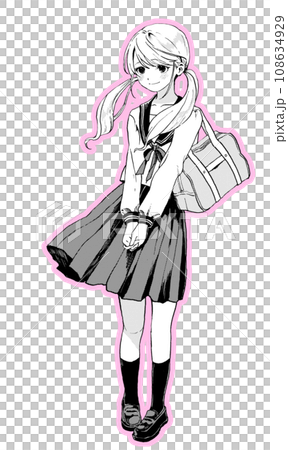 笑顔のセーラー服女子全身のモノクロイラストピンクの縁取りあり版 笑顔のセーラー服女子全身のモノクロイラストピンクの縁取りあり版 108634929