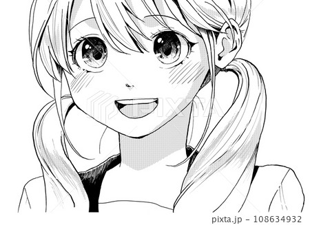 きらきらした目のセーラー服女子のモノクロイラスト口をあけてる版 108634932