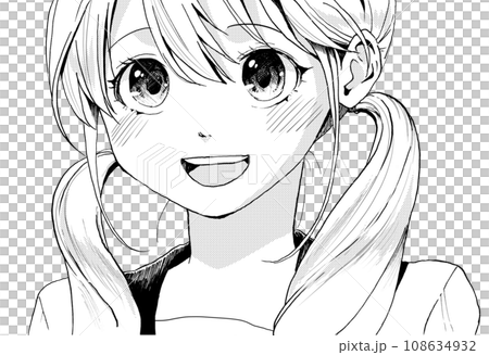 きらきらした目のセーラー服女子のモノクロイラスト口をあけてる版 108634932