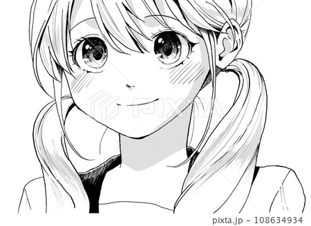 きらきらした目のセーラー服女子のモノクロイラスト口を閉じてる版 108634934