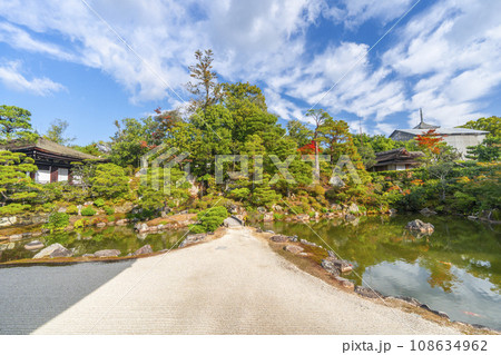 仁和寺御所庭園　宸殿から見る北庭と霊明殿　紅葉の季節 108634962
