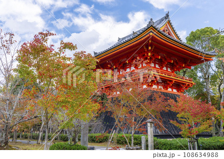 仁和寺　紅葉に包まれた鐘楼（京都市右京区） 108634988