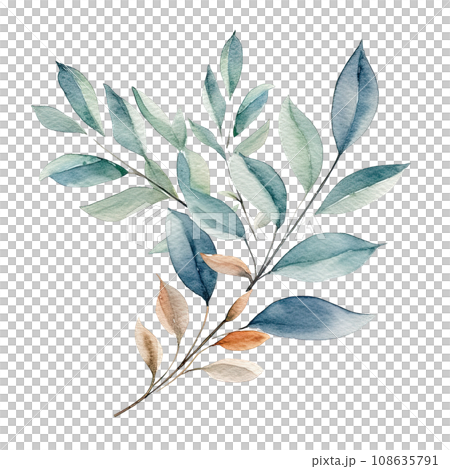 Watercolor leaves and branches illustration transparent background, PNG ,Generative AI 108635791