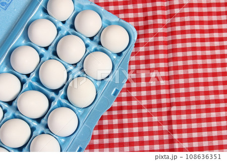 Carton of Eggs on Rustic Table With Checkered Table Cloth 108636351