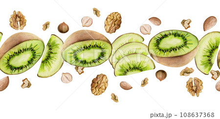 Hand drawn watercolor sliced kiwi fruit and nuts mix for diet, healthy lifestyle, vegan cooking. Illustration seamless border isolated on white background. Design poster, print, website, card, menu Hand drawn watercolor sliced kiwi fruit and nuts mix for diet, healthy lifestyle, vegan cooking. Illustration seamless border isolated on white background. Design poster, print, website, card, menu 108637368