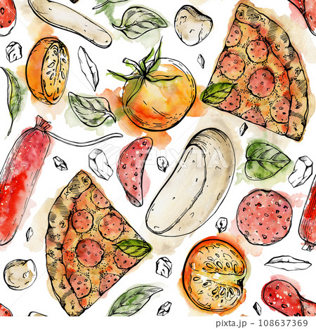 Hand drawn watercolor ink illustration. Pepperoni pizza slice with toppings, Italian cuisine meal. Seamless pattern isolated on white. Design restaurant menu, cafe, food shop or package, flyer, print. Hand drawn watercolor ink illustration. Pepperoni pizza slice with toppings, Italian cuisine meal. Seamless pattern isolated on white. Design restaurant menu, cafe, food shop or package, flyer, print. 108637369
