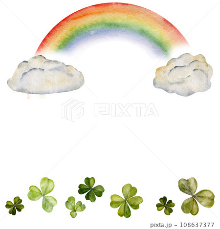 Watercolor hand drawn illustration, Saint Patrick holiday. Rainbow on clouds, lucky clover shamrock four leaves. Ireland tradition. Isolated on white background. For invitations, print, website, cards 108637377