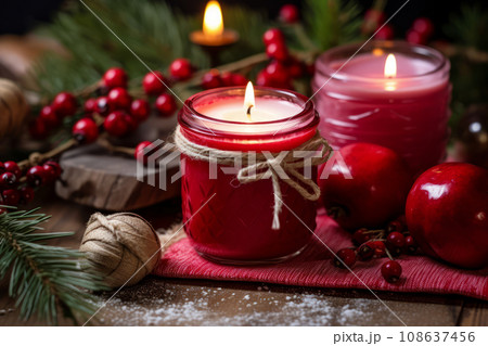 Winter candles with rustic designs and apples. Generative AI 108637456