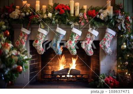 Floral Christmas embroidered stockings hang on a fireplace mantel. Generative AI 108637471