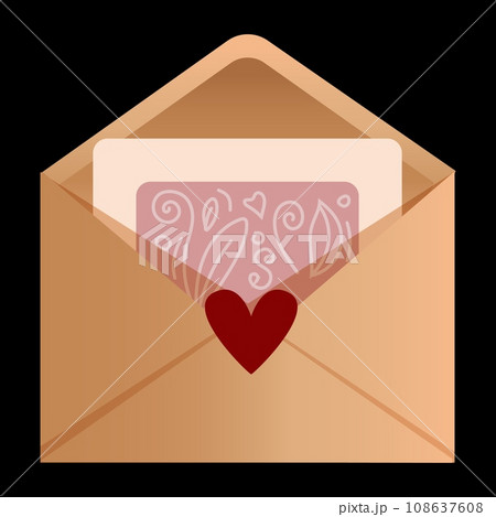 Magic letter. Open paper envelope with Valentine card. Romantic message. Holiday invitation postcard. Sending correspondence. Post mail receive. Red love heart. Postal delivery. Vector illustration 108637608