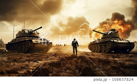 戦争最前線の地上戦部隊：セピア写実的描画