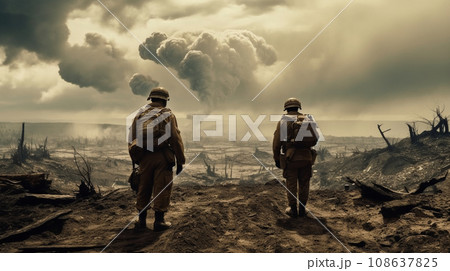 戦争最前線の地上戦部隊：セピア写実的描画 108637825