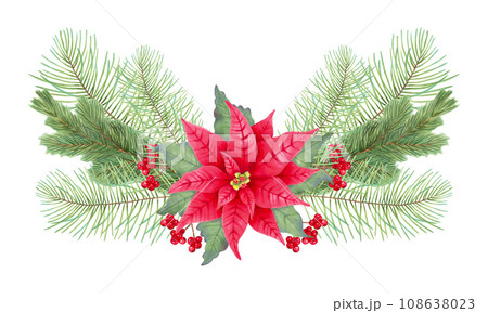 Christmas bouquet with holly berries, poinsettia, leaves, pine, spruce. Festive composition for New Year, Christmas. Illustration with markers and watercolors. Hand drawn isolated art 108638023