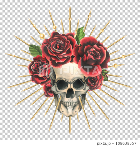 Human skull with red flowers rose in a golden crown with thorns, rays. Hand drawn watercolor illustration for day of the dead, halloween, Dia de los muertos. Isolated object on a white background. Human skull with red flowers rose in a golden crown with thorns, rays. Hand drawn watercolor illustration for day of the dead, halloween, Dia de los muertos. Isolated object on a white background. 108638357