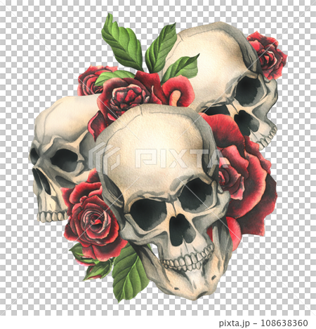 Human skulls with red roses and leaves. Hand drawn watercolor illustration. Isolated composition on a white background 108638360