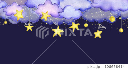 Night sky with a yellow suspended stars and clouds sewn from fabric with thread stitches. Children s hand drawn watercolor illustration. Seamless banner, template on a dark blue background 108638414