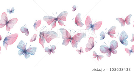 Butterflies are pink, blue, lilac, flying, delicate with wings and splashes of paint. Hand drawn watercolor illustration. Seamless border on a white background, for design Butterflies are pink, blue, lilac, flying, delicate with wings and splashes of paint. Hand drawn watercolor illustration. Seamless border on a white background, for design 108638438