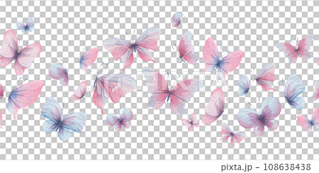 Butterflies are pink, blue, lilac, flying, delicate with wings and splashes of paint. Hand drawn watercolor illustration. Seamless border on a white background, for design Butterflies are pink, blue, lilac, flying, delicate with wings and splashes of paint. Hand drawn watercolor illustration. Seamless border on a white background, for design 108638438