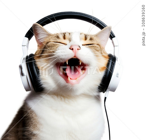 Beautiful cat with headphones isolated on a transparent background. Beautiful cat with headphones isolated on a transparent background. 108639160