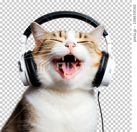 Beautiful cat with headphones isolated on a transparent background. Beautiful cat with headphones isolated on a transparent background. 108639160