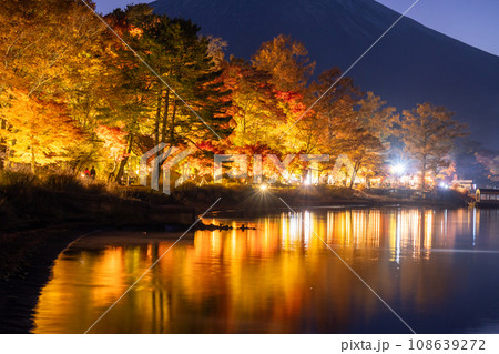 《山梨県》富士山と紅葉ライトアップ・山中湖湖畔 《山梨県》富士山と紅葉ライトアップ・山中湖湖畔 108639272