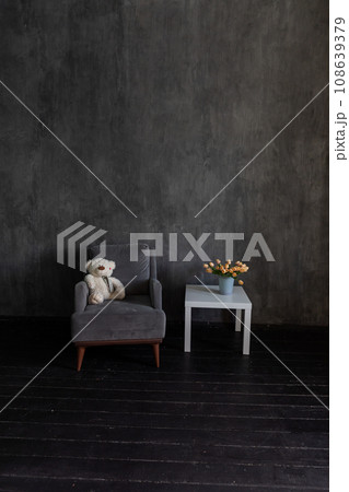 Grey armchair and coffee table with flowers in dark room interior Grey armchair and coffee table with flowers in dark room interior 108639379