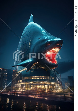 shark shape illuminated building at night illustration shark shape illuminated building at night illustration 108639416