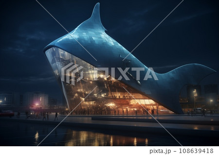 shark shape illuminated building at night illustration shark shape illuminated building at night illustration 108639418