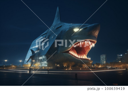 shark shape illuminated building at night illustration shark shape illuminated building at night illustration 108639419