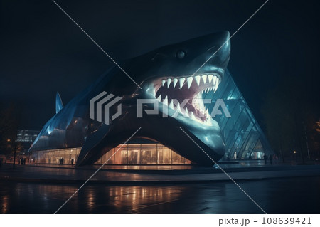 shark shape illuminated building at night illustration shark shape illuminated building at night illustration 108639421
