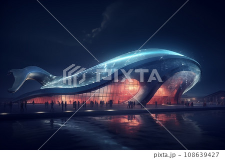 Whale shape illuminated building at night illustration Whale shape illuminated building at night illustration 108639427