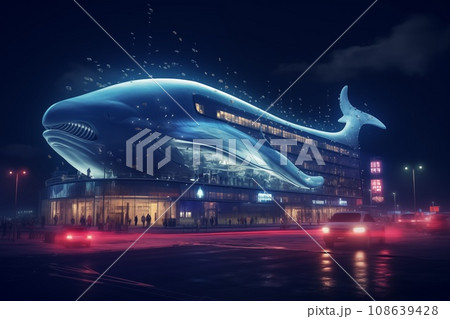 Whale shape illuminated building at night illustration 108639428