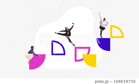 Poster. Contemporary art collage. Confident women dressed smart casual outfit jumping on pieces of rates, diagrams to success. Poster. Contemporary art collage. Confident women dressed smart casual outfit jumping on pieces of rates, diagrams to success. 108639730