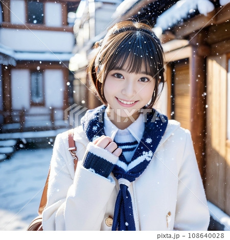 雪の降る街並みを笑顔で散策する少女 108640028