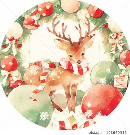【AI生成画像】水彩で描いたクリスマスツリーとトナカイのイラスト 108640358