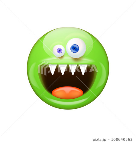 Green Smiling Face with monster mouth and eyes isolated on white background. Green monster smiley face character with white vampire teeth. Halloween day concept illustration, sticker, print and icon 108640362