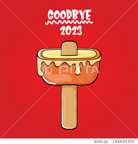 vector goodbye 2023 hello 2024 year vector concept illustration with melt ice cream isolated on red background. End of the 2023 year background or poster 108640395