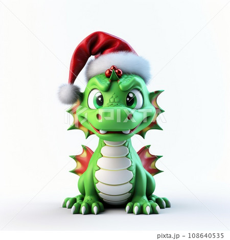 Cute dragon with christmas hat isolated in White background. New Year 2024 art. Cute dragon with christmas hat isolated in White background. New Year 2024 art. 108640535