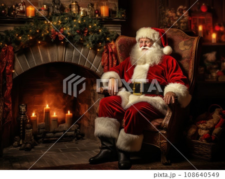 Santa Claus in his house next to the fireplace resting in armchair. Santa Claus in his house next to the fireplace resting in armchair. 108640549