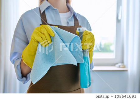 Close-up of woman's hands in gloves with rag detergent spray for cleaning windows 108641693