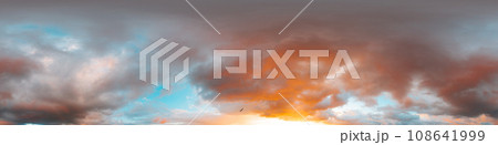 Dramatic sunset sky panorama with bright glowing red pink Cumulus clouds. HDR 360 seamless spherical panorama. Sky dome in 3D, sky replacement for aerial drone panoramas. Weather and climate change. 108641999