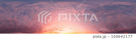 Sunset sky panorama with bright glowing pink Cumulus clouds. HDR 360 seamless spherical panorama. Full zenith or sky dome in 3D, sky replacement for aerial drone panoramas. Climate and weather change. Sunset sky panorama with bright glowing pink Cumulus clouds. HDR 360 seamless spherical panorama. Full zenith or sky dome in 3D, sky replacement for aerial drone panoramas. Climate and weather change. 108642177