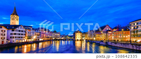 Beautiful night view of historic city center of Zurich, Switzerland. Beautiful night view of historic city center of Zurich, Switzerland. 108642335