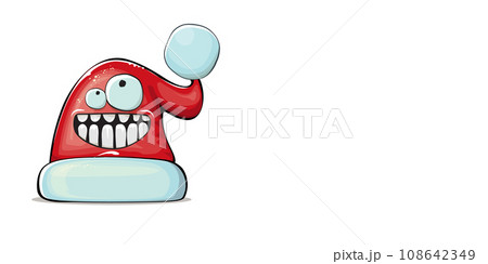 Vector cartoon Santa Claus red hat character with smile face isolated on white background. Childrens Merry Christmas greeting card with funny monster Santa hat. Santa red hat with sunglasses 108642349